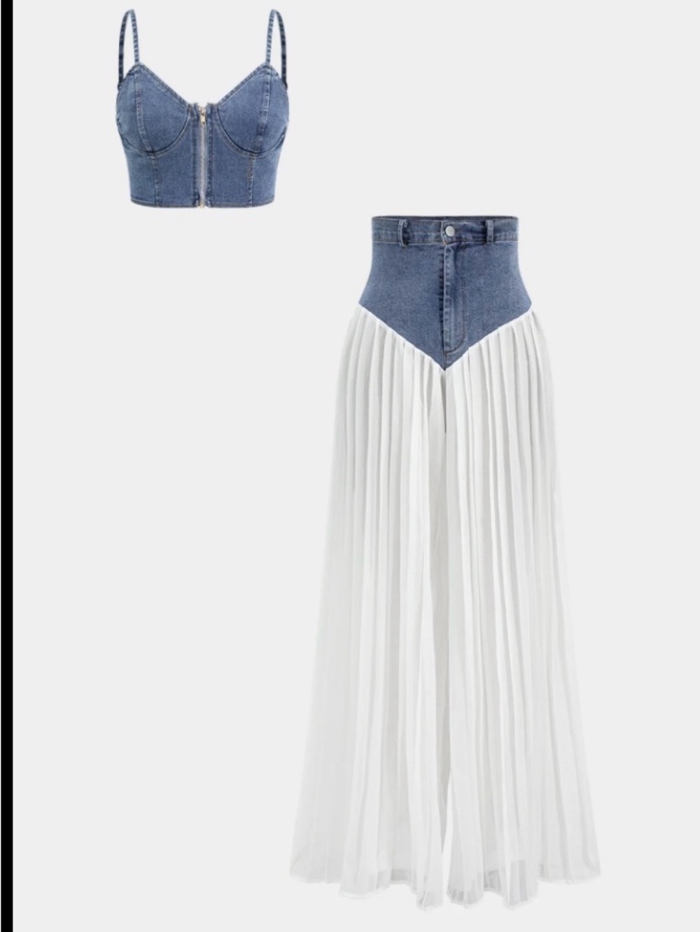 Micas Denim High-Waist Wide Leg White Pleated pant w Denim top Large
